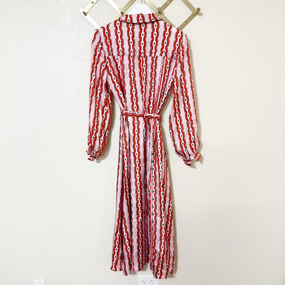 NWT Lisou Alina Silk Twill Pink Red Link Print Belted Button Front Shirt Dress - Picture 3 of 10